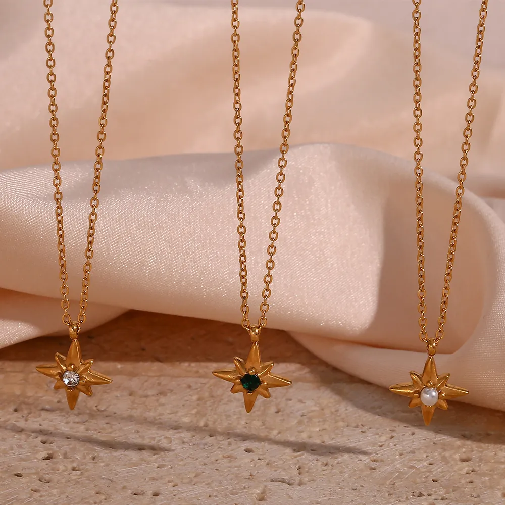 Halskette Mit Oktagramm Stern Anhänger Edelstahl Gold Vergoldet Mit Zirkon Grüne Gemme Künstliche Perle Mode Schmuck Für Damen