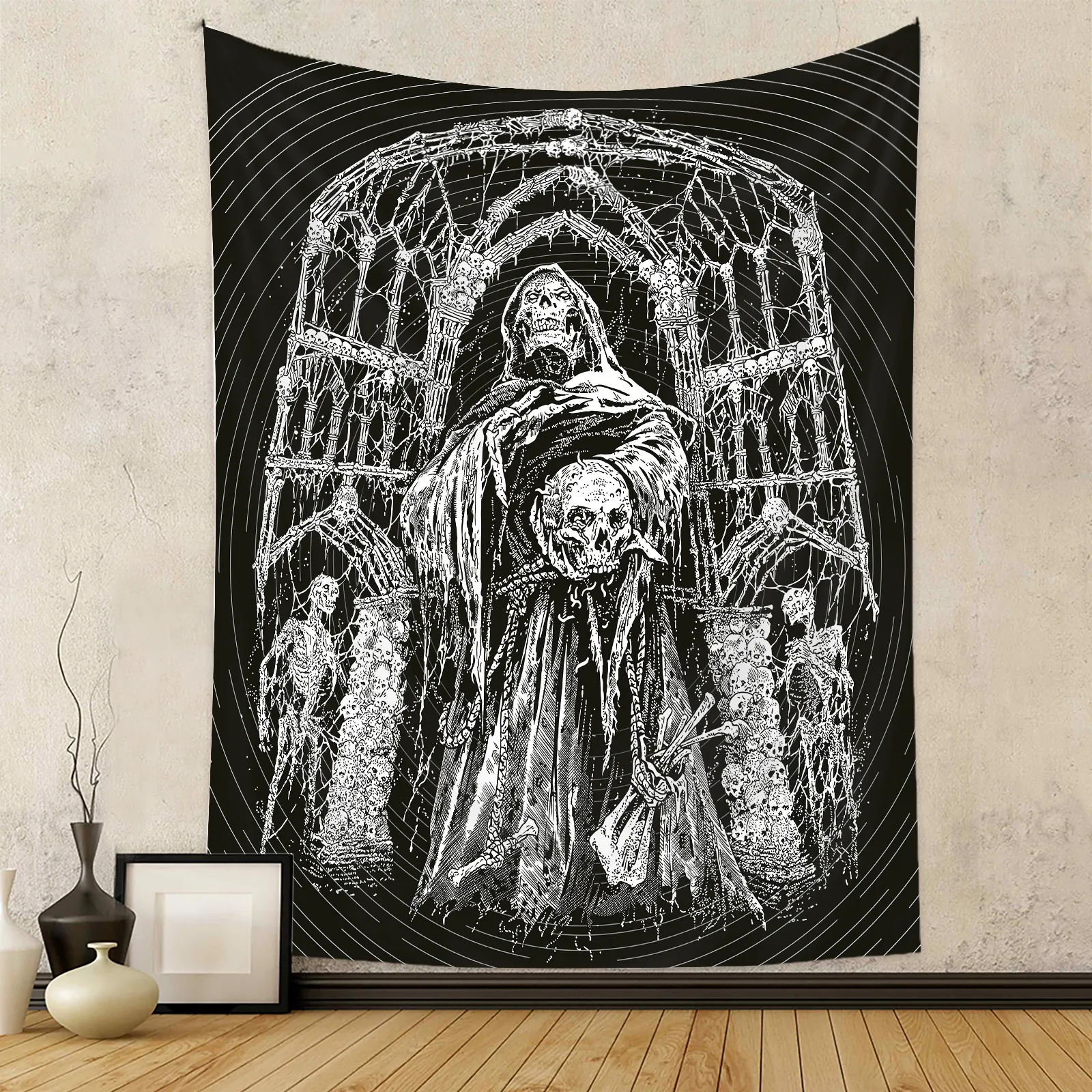 Gothic Grim Reaper Tapestry Wall Hanging Polyester Black White Skull Dark Art Decor For Bedroom Living Room Wall Decor