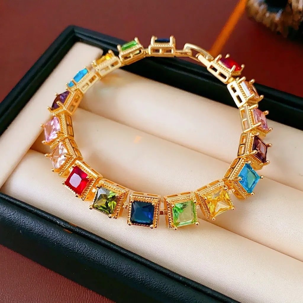 Bracelet Tennis Vintage En Zircon Coloré Carré Cuivre Plaqué Or Bijoux Minimalistes Cadeau De Luxe Pour Femme