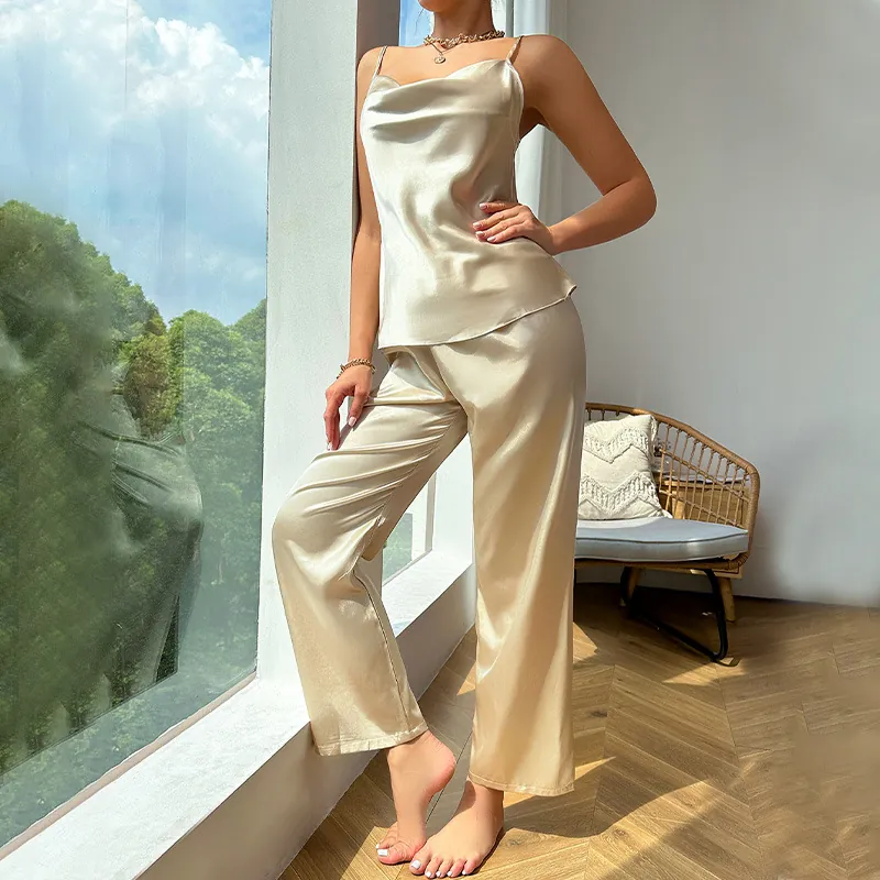 Women Satin Pajama Camisole And Trousers Imitation Satin Sleepwear Cowl Neck Spaghetti Strap Loungewear