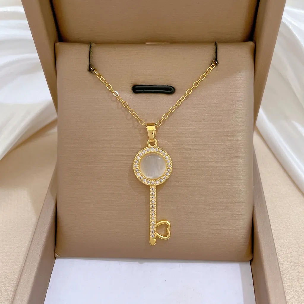 Luxury Key Pendant Necklace With White Cat Eye Stone Micro Pave CZ Stainless Steel Clavicle Chain For Women