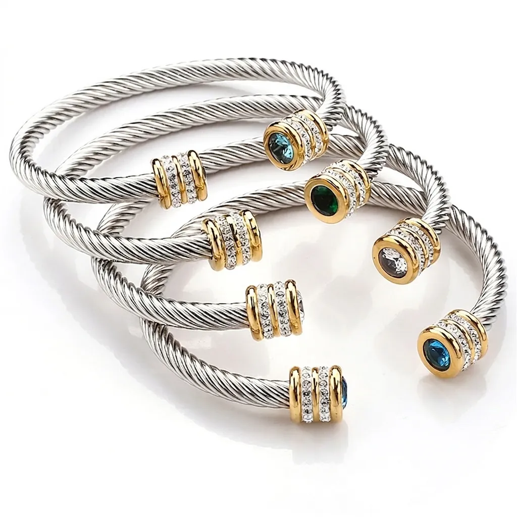 Twisted Cable Cuff Bangle Stainless Steel Birthstone Colored Cubic Zirconia Two Tone Adjustable Jewelry For Women
