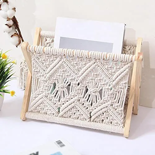 Woven Cotton Rope Magazine Rack Solid Wood Foldable Storage Basket Bohemian Nordic Desktop Book Newspaper Organizer