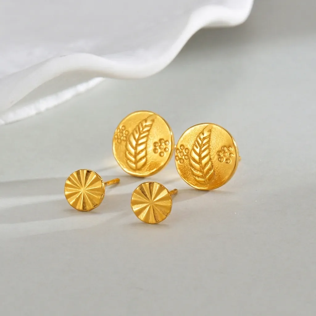 Boucles d'Oreilles Clous en Acier Inoxydable Vintage Français Pour Femmes Plaqué Or 14K Géométrique Losange Rond Soleil Feuille