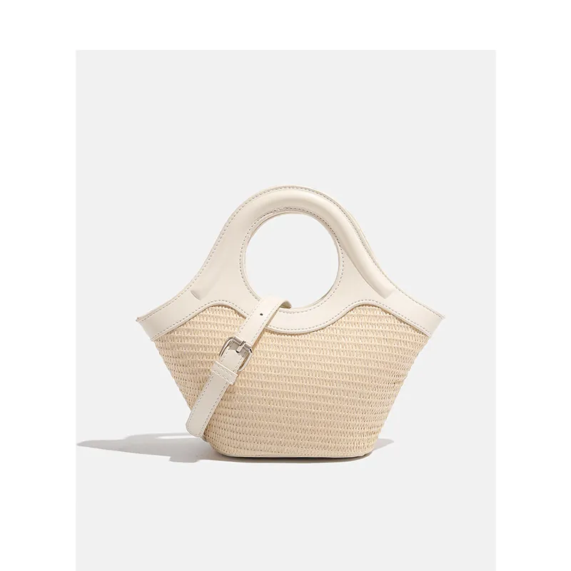 Woven Handbag Straw PU Leather Patchwork Round Handle Adjustable Strap Summer Beach Vacation Casual Chic Women
