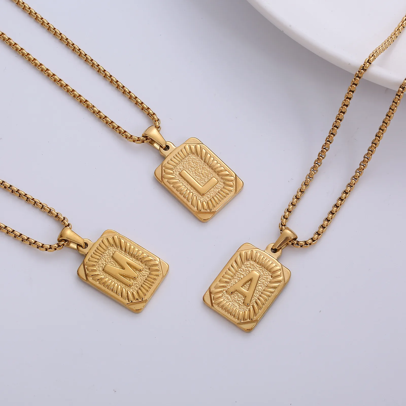 Rectangular Initial Letter Pendant Necklace Stainless Steel 18K Gold Plated Radiant Pattern Box Chain Women Jewelry