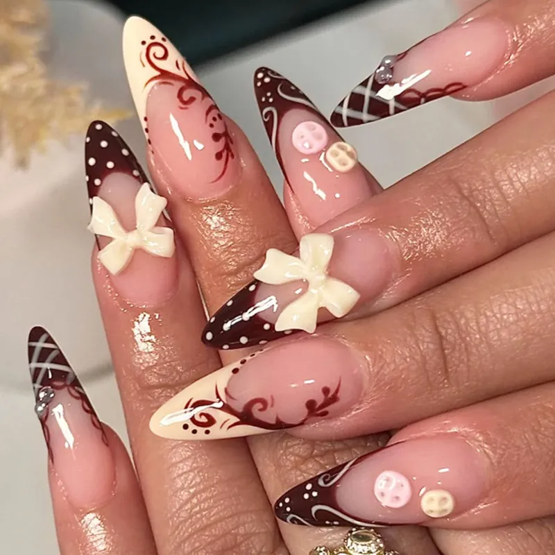 Press On Nails Long Almond Stiletto Fake Nails With 3D Bows And Polka Dots French Style Sweet Vintage Artificial Nails For Women