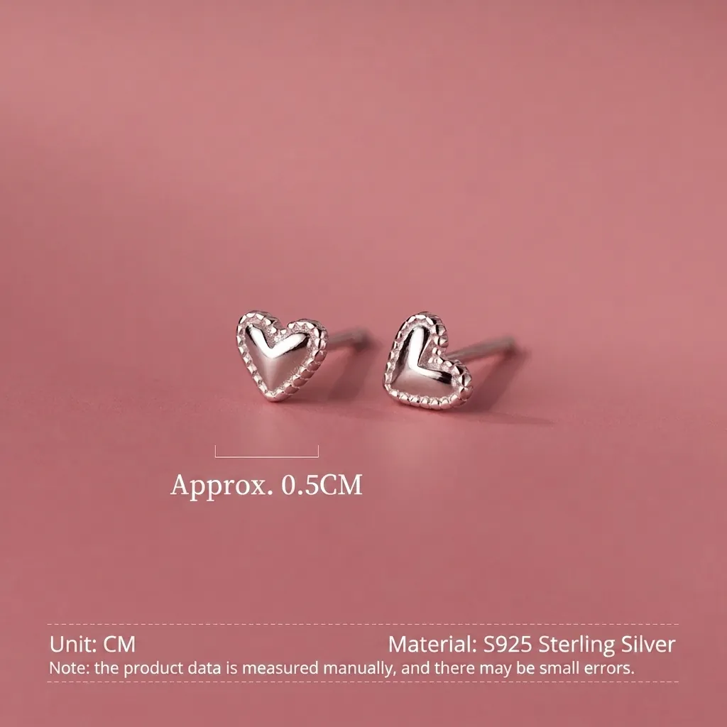 925 Sterling Silver Heart Stud Earrings Small Beaded Edge Minimalist Sweet Jewelry For Women