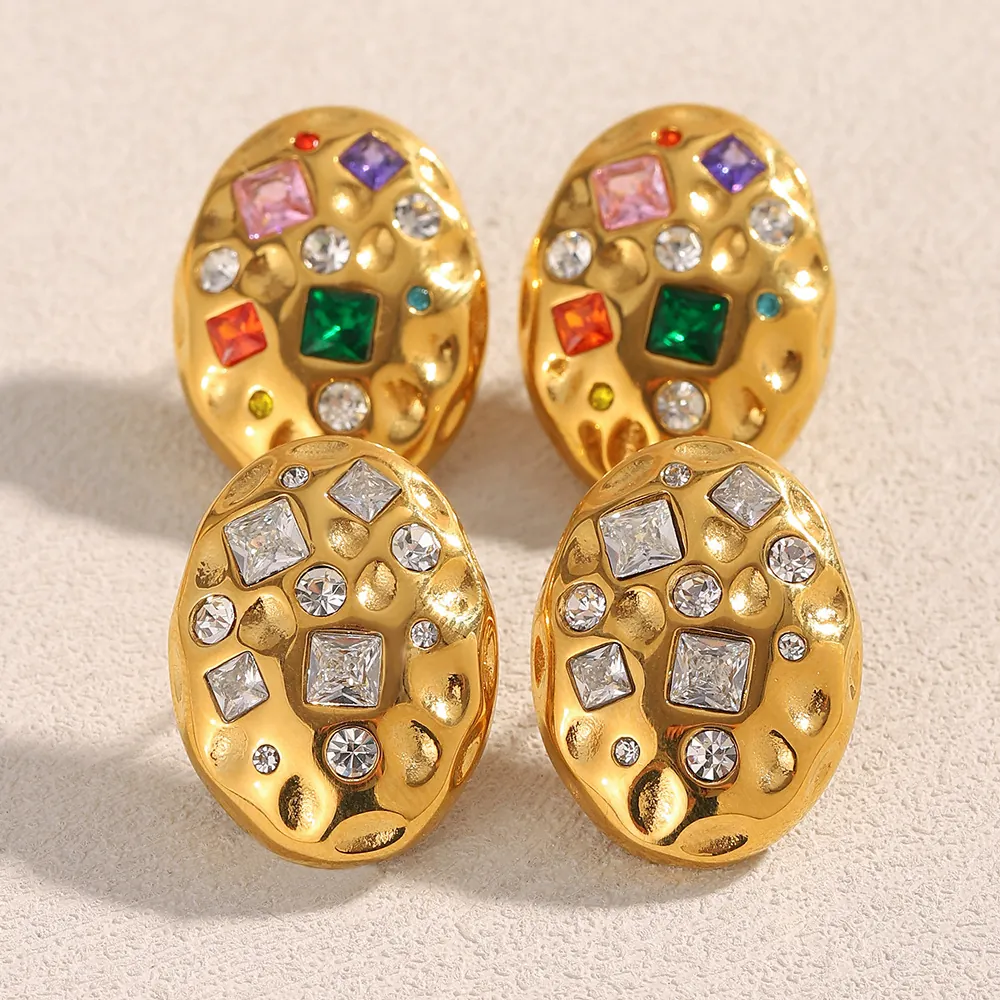 Ovale Gehämmerte Ohrstecker Edelstahl 18K Vergoldet Luxus Zirkonia Vintage Stil Schmuck Für Damen