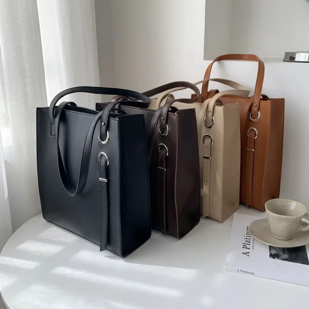 Large Capacity Tote Bag PU Leather Metal Ring Decor Underarm Shoulder Handbag For Women Korean Style