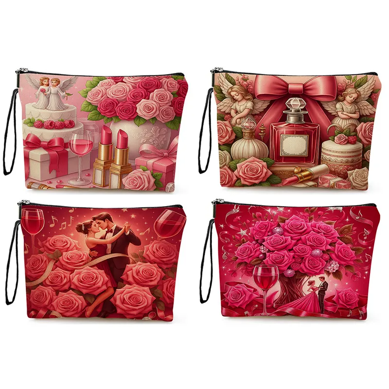 Romantic Valentine Rose Printed Cosmetic Bag Linen Zipper Makeup Pouch Travel Toiletry Storage Organizer Handheld Handbag