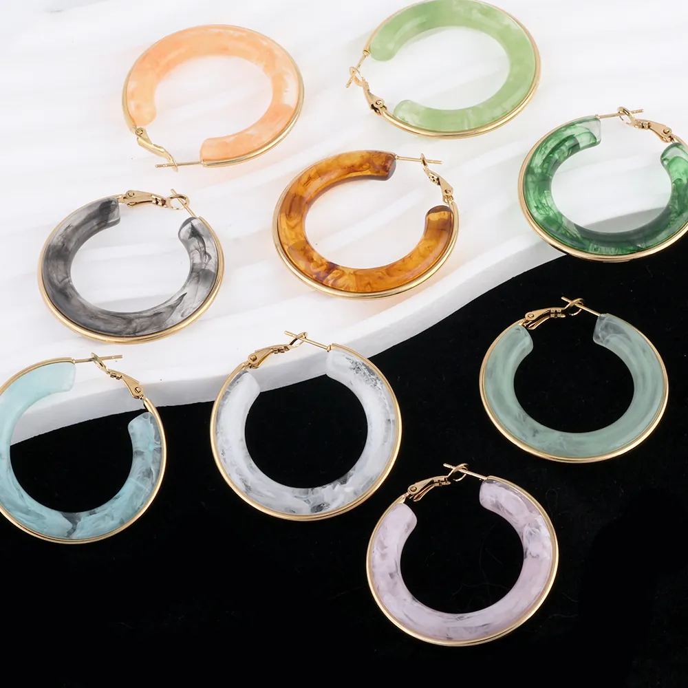 Vintage Stainless Steel C-Shaped Hoop Earrings With Marble Pattern Resin Inlay Geometric Jewelry For Women Gift