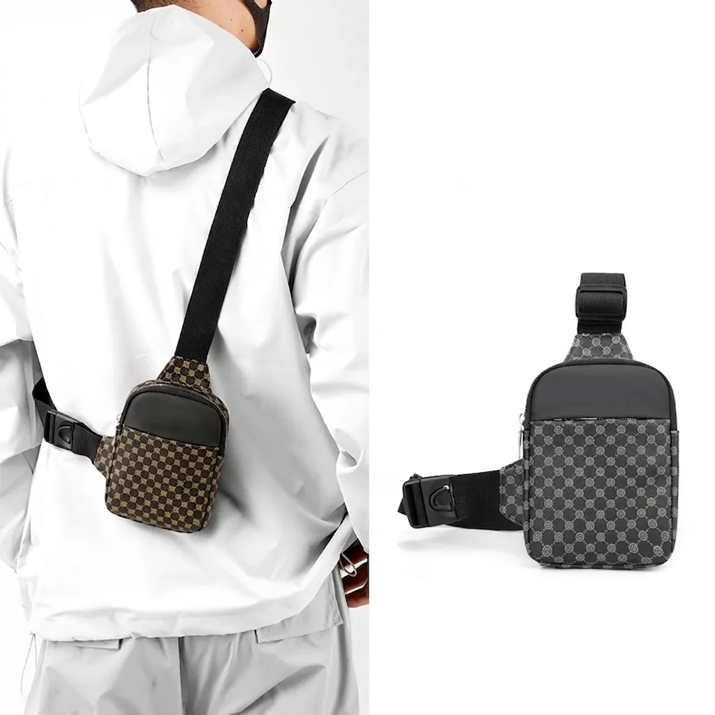 Bolso De Pecho Para Hombre Cuero PU Estampado De Monograma Impermeable Gran Capacidad Bolso Bandolera Exterior Correa Ajustable