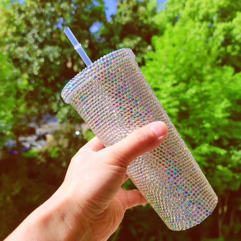 Bling Rhinestone Straw Tumbler Double Layer Plastic Water Cup Portable Fashion Drinkware For Girls Travel
