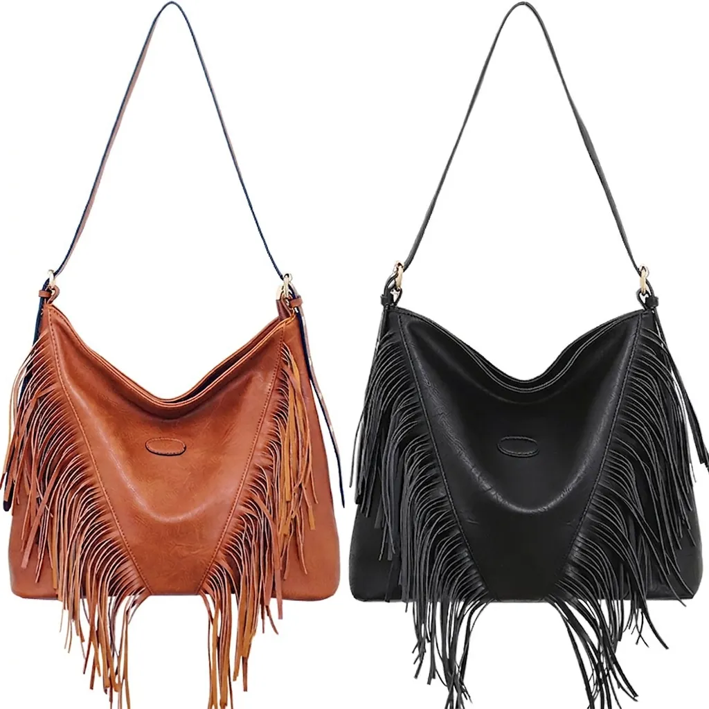 Sac Bandoulière À Franges Pour Femmes Cuir PU Grande Capacité Bohème Gland Sac Épaule Hobo Seau Décontracté