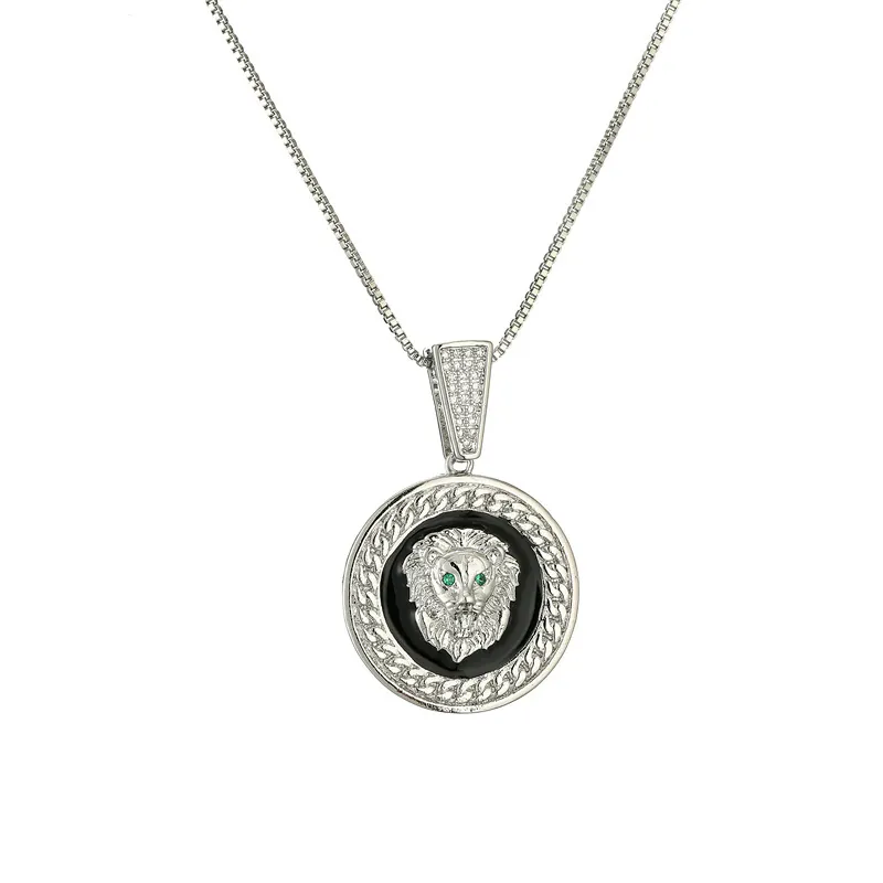 Collier Pendentif Tête De Lion Cuivre Émail Rond Avec Zircone Yeux Verts Chaîne De Boîte Hip Hop Vintage Pour Hommes Femmes