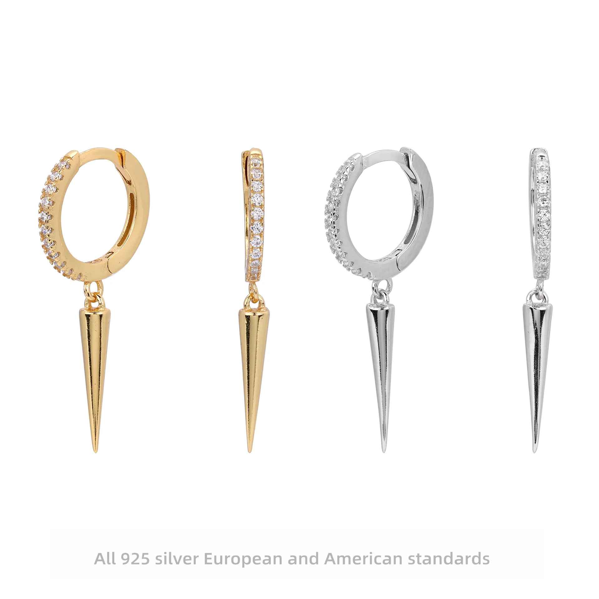 925 Sterling Silver Hoop Earrings With Spike Dangle Cubic Zirconia Inlaid Punk Hip Hop Geometric Jewelry For Unisex