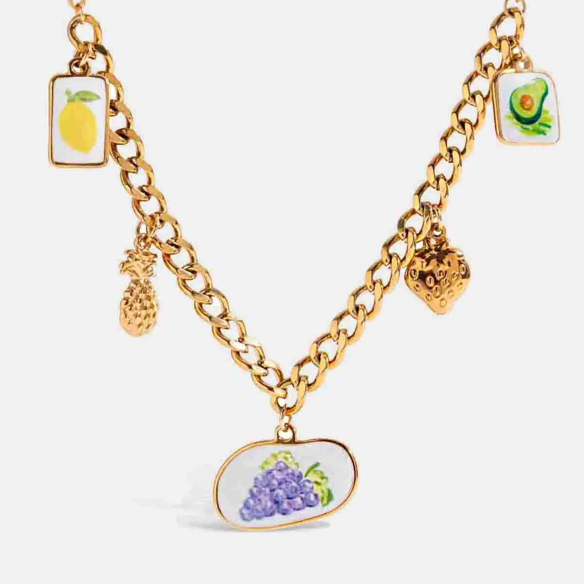 Collier Pendentif Fruits En Acier Inoxydable Plaqué Or 18K Émail Citron Raisin Fraise Breloques Bijoux Doux Pour Femmes