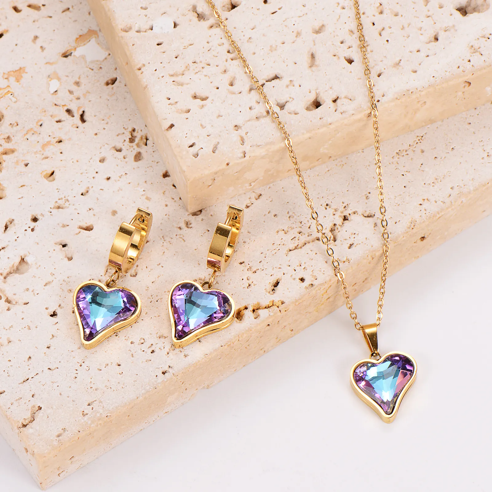 Stainless Steel Heart Gradient Purple Blue Crystal Necklace And Earrings Gold Fashion Elegant Commuter Jewelry Gift For Women
