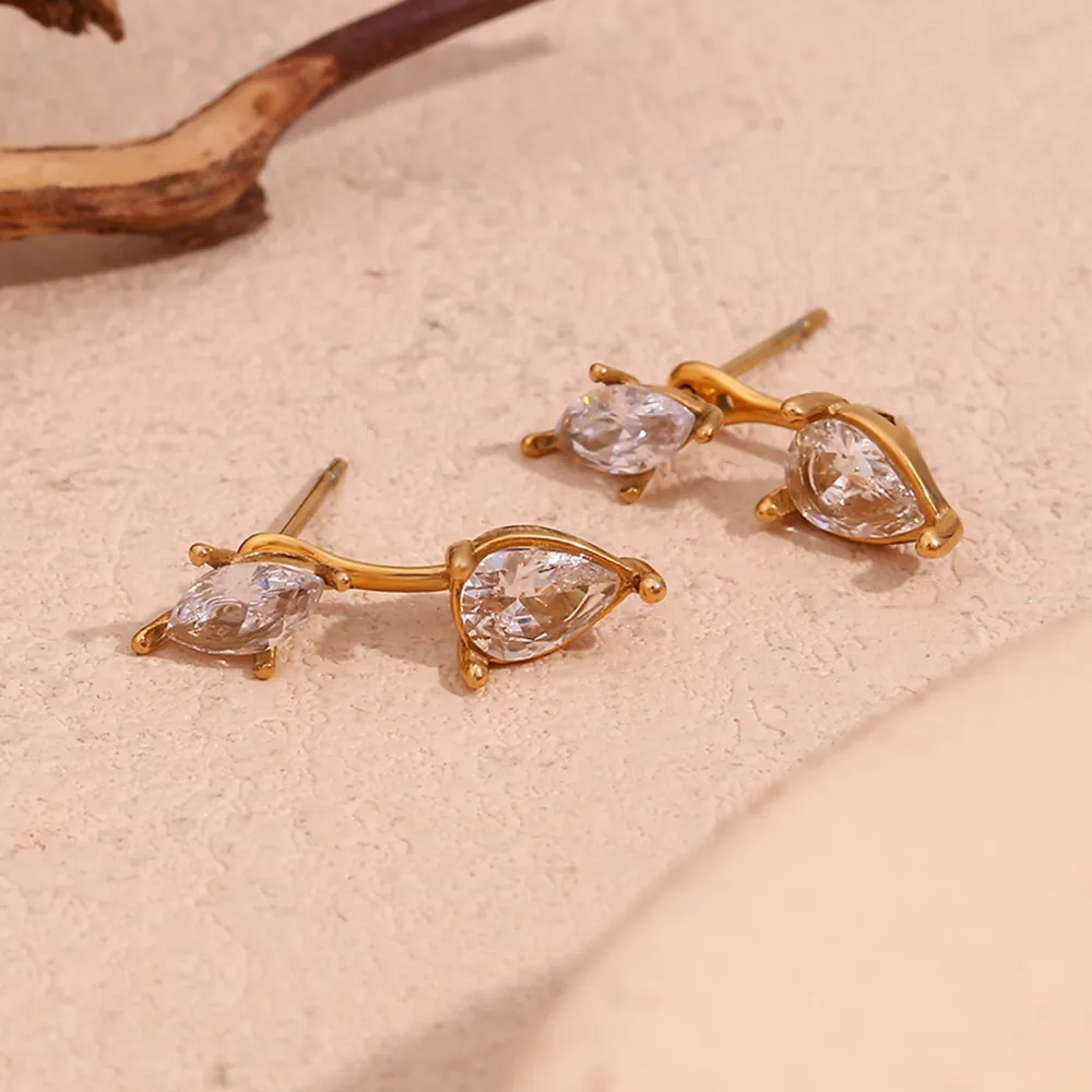 Stainless Steel 18K Gold Plated Teardrop Marquise Rhinestone Front Back Stud Earrings For Women Unique Fashion Jewelry