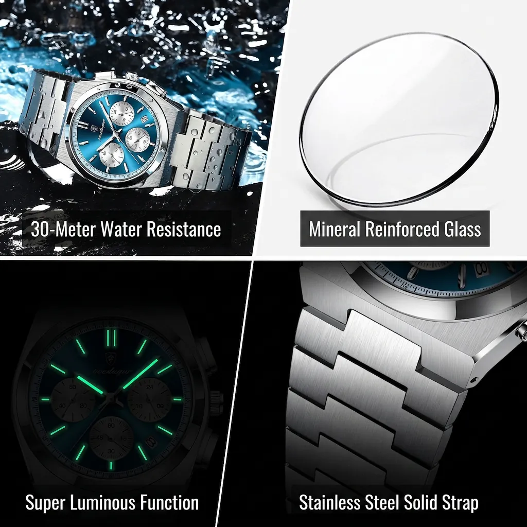 Quartz Watch Men Stainless Steel Strap Waterproof Luminous Chronograph Calendar Business Casual Luxury Wristwatch