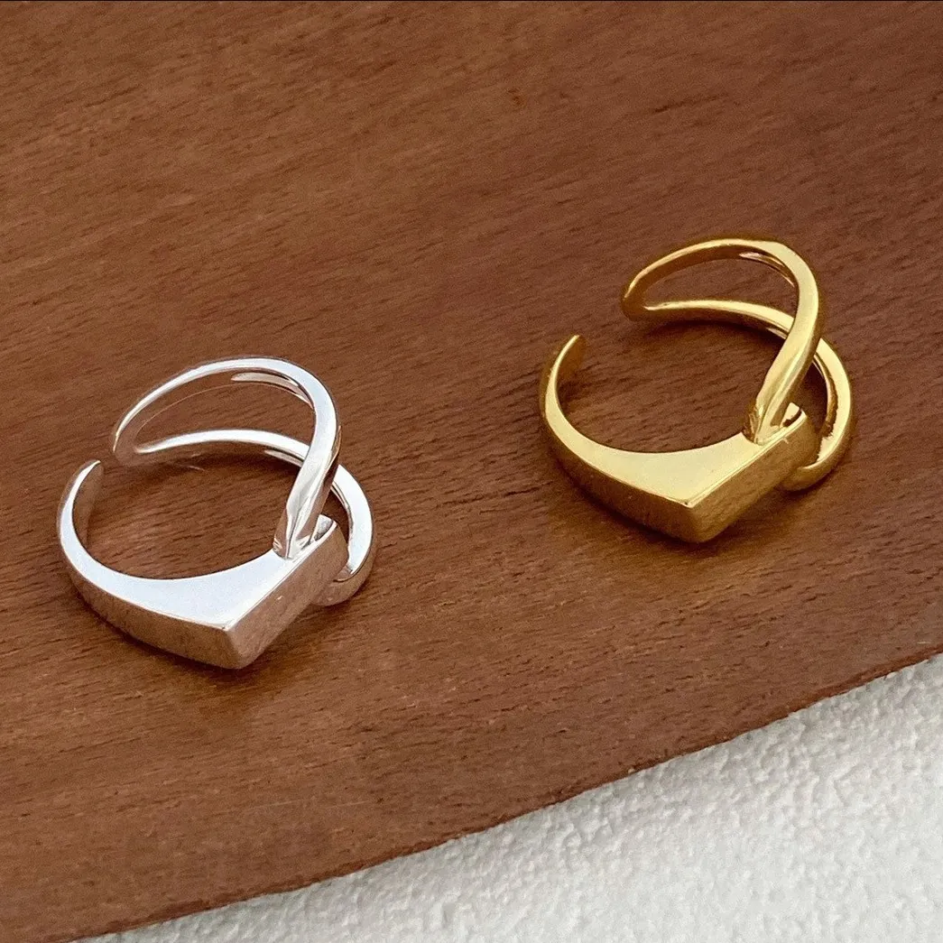 925 Sterling Silver Ring Geometric Line Asymmetric Minimalist Adjustable Open Size Modern Jewelry For Women
