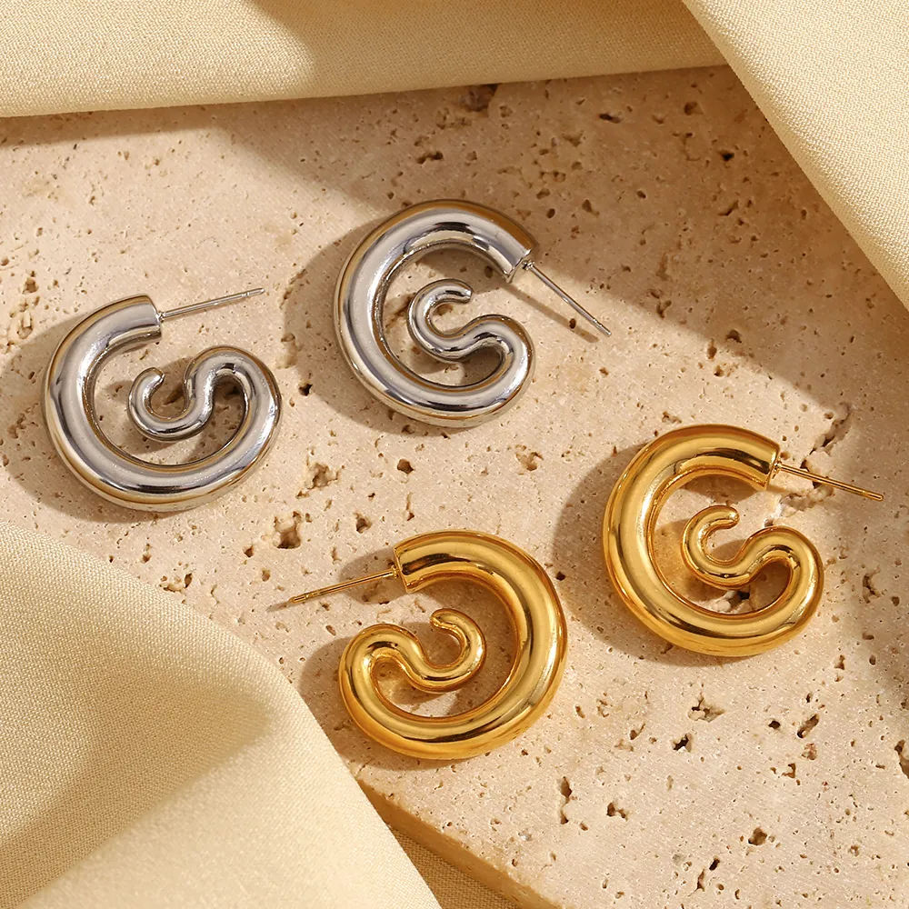 Stainless Steel Rattlesnake Spiral Hoop Earrings 18K Gold Plated Minimalist Geometric Jewelry For Women