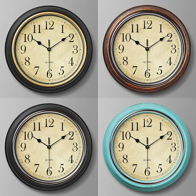 Retro Round Wall Clock Silent Quartz Movement Plastic Frame Glass Mirror European Vintage Style Living Room Home Decor