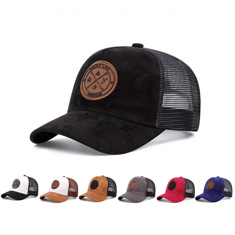 Trucker Hat Mesh Breathable Baseball Cap Faux Suede Patch Outdoor Casual Sun Protection Adjustable For Men Women