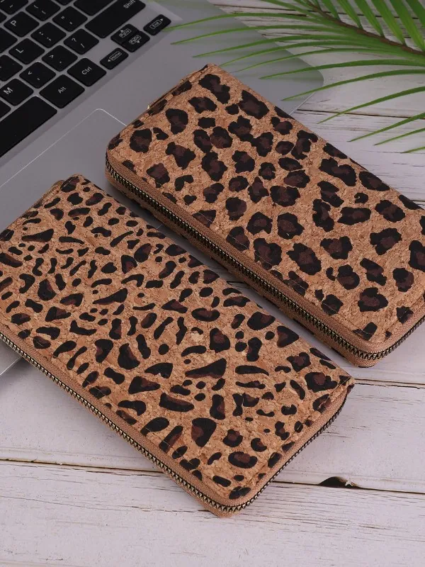 Portafoglio Lungo Da Donna Con Cerniera Stampa Leopardata Texture Di Sughero Grande Capacità Pochette Di Moda