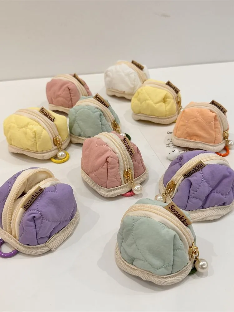 Mini Heart Quilted Cotton Earphone Case Macaron Color Puffy Coin Purse With Artificial Pearl Zipper Pendant Cute Small Storage Bag