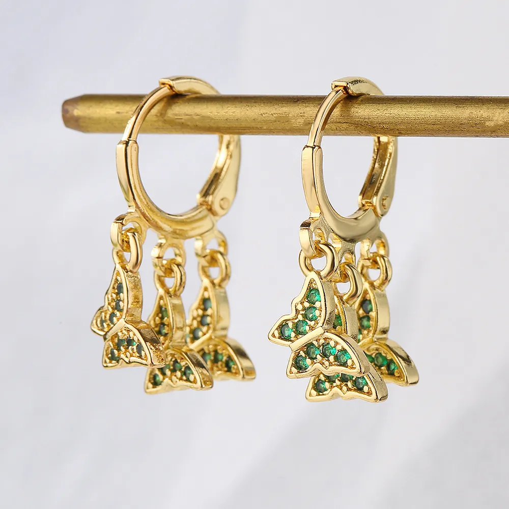 Schmetterling Hängeohrringe Kupfer 18K Vergoldet Zirkonia Bunt Winzige Tier Schmuck Für Frauen