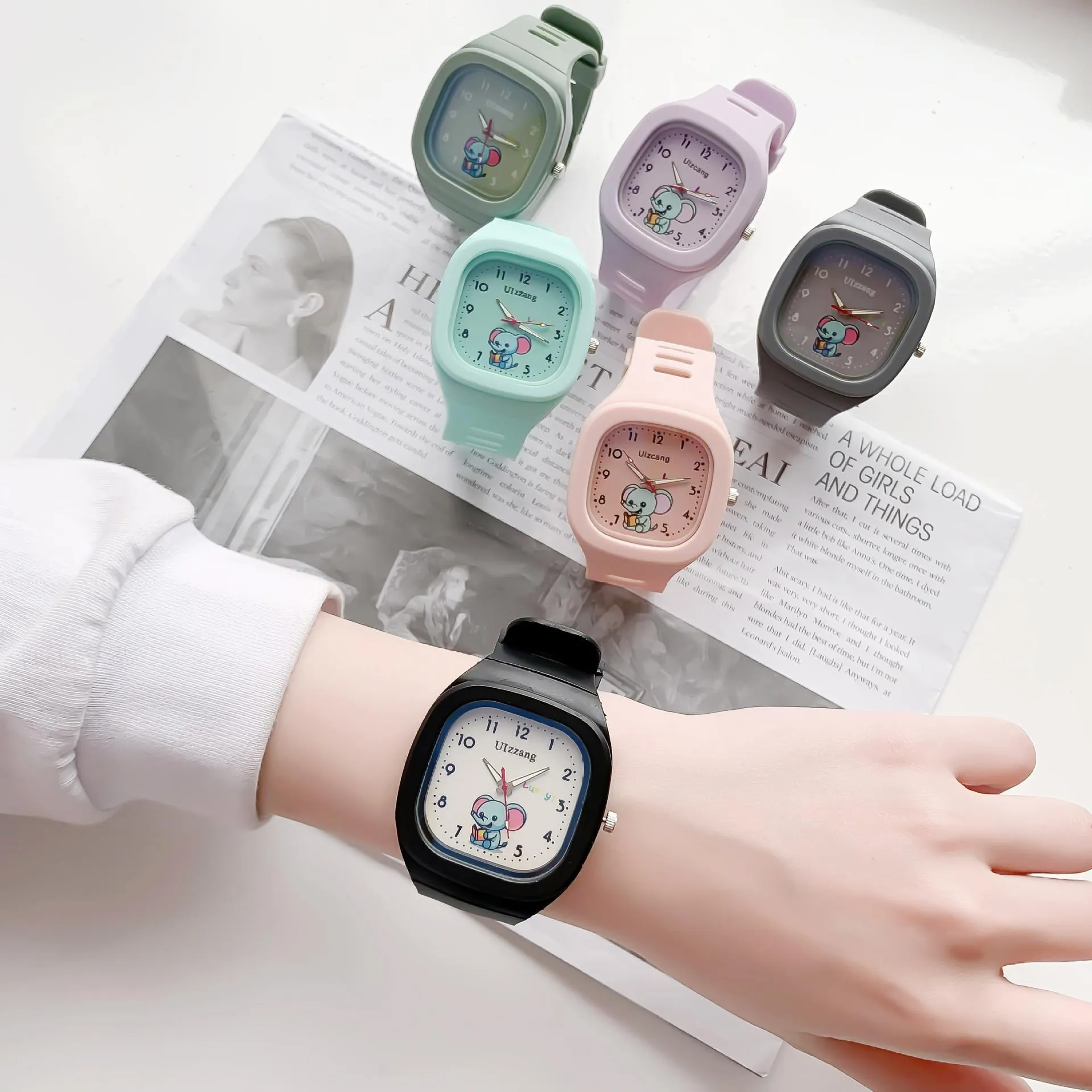 Kids Quartz Watch Silicone Strap Square Dial Cartoon Elephant Pattern Student Sports Fashion Timepiece