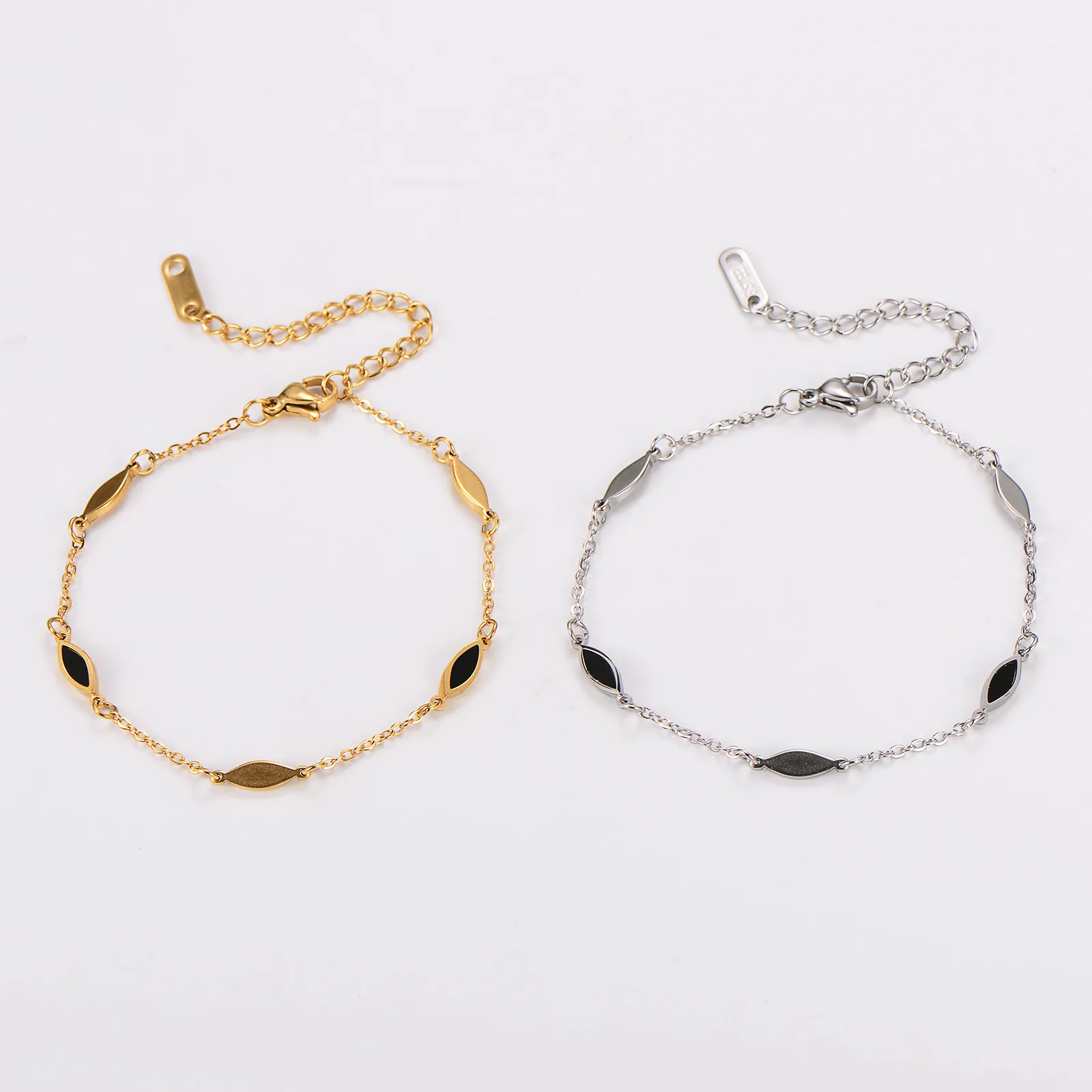 Fashion Women 304 Stainless Steel Bracelet With Black Enamel Marquise Charms And Adjustable Extension Chain Jewelry