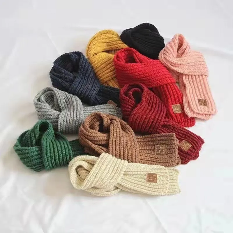 Childrens Knitted Scarf Soft Warm Solid Color Chunky Ribbed Neck Warmer With Leather Patch For Toddler Kids Boys Girls