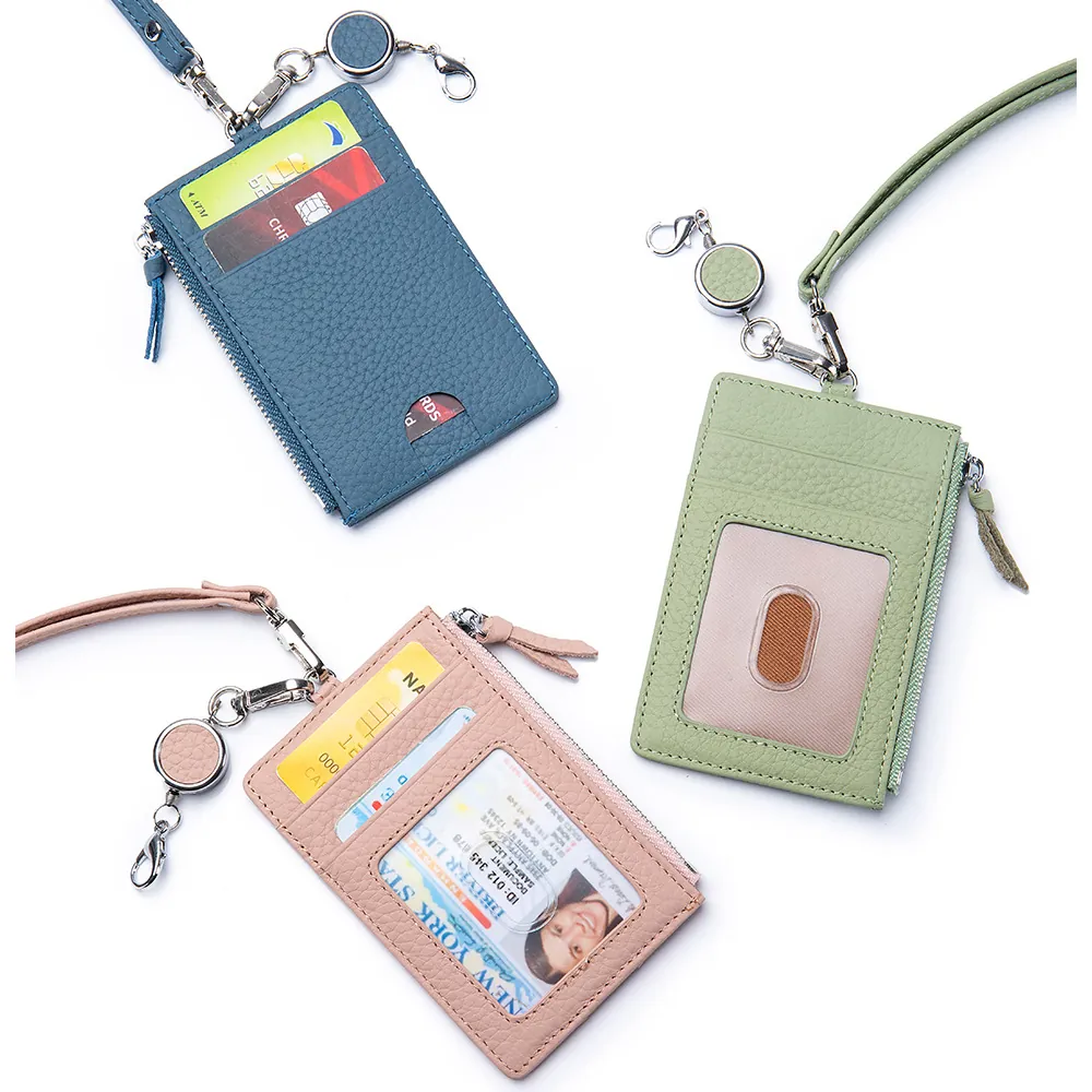 Genuine Leather Id Card Holder Wallet Retractable Lanyard Neck Strap Ultra Thin Multi Slot Zipper Pocket Solid Color