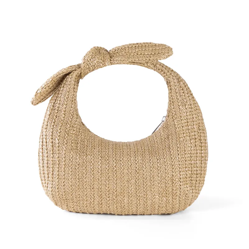 Straw Woven Handbag For Women Summer Beach Vacation Crescent Purse With Bow Knot Handle Lightweight Casual Clutch