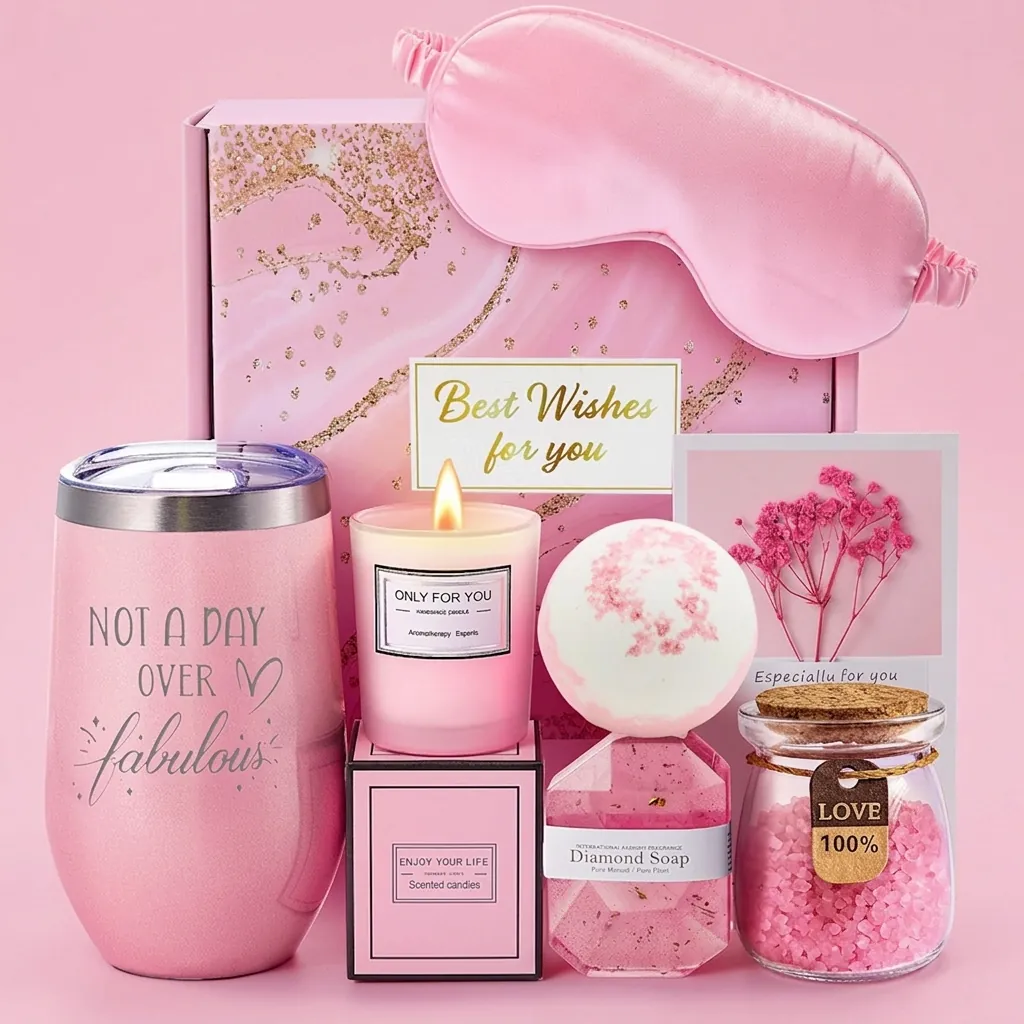 Women Spa Gift Basket With Insulated Tumbler Scented Candle Handmade Soap Eye Mask Bath Salts For Mothers Day Birthday