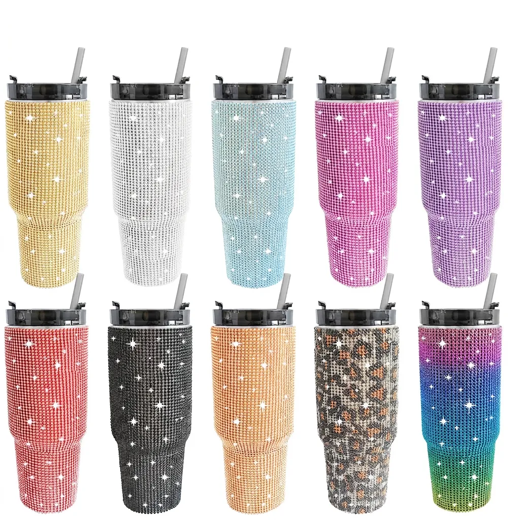 Rhinestone Studded Stainless Steel Insulated Tumbler Bling Travel Mug With Lid And Straw Vacuum Car Cup Sparkling Glitter