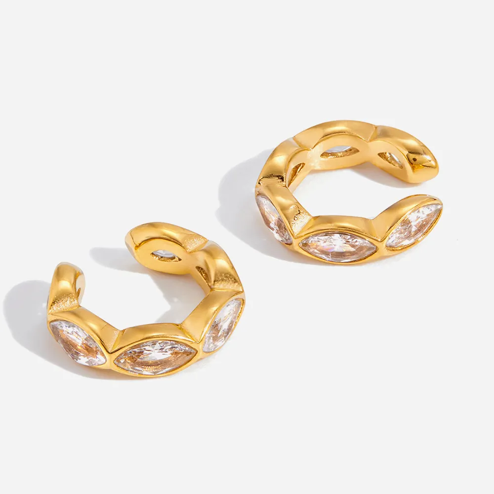 Orecchini a Polsino in Acciaio Inossidabile Placcato Oro 18K Con Zirconia Marquise per Donna Senza Buco Orecchini a C