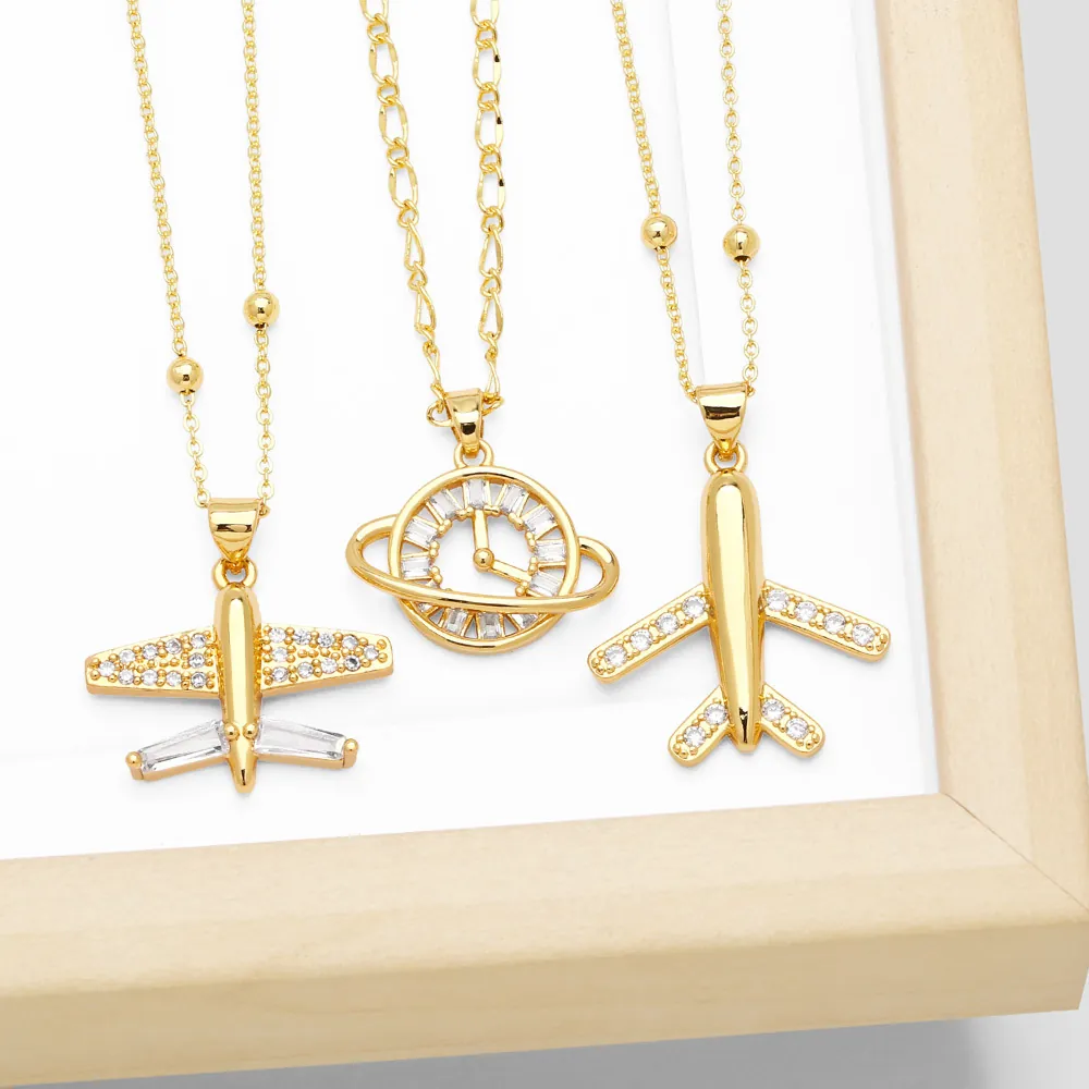 Airplane Planet Clock Pendant Necklace Copper 18K Gold Plated Cubic Zirconia Minimalist Clavicle Chain Jewelry For Women