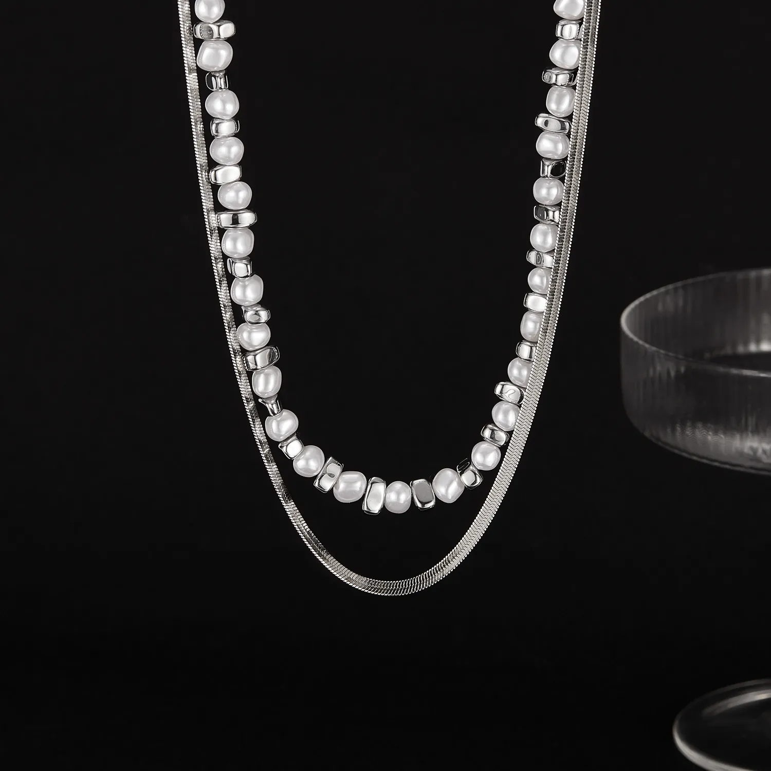 Double Layer Necklace Stainless Steel Faux Artificial Pearl Hematite Beads Flat Snake Chain Vintage Fashion For Women