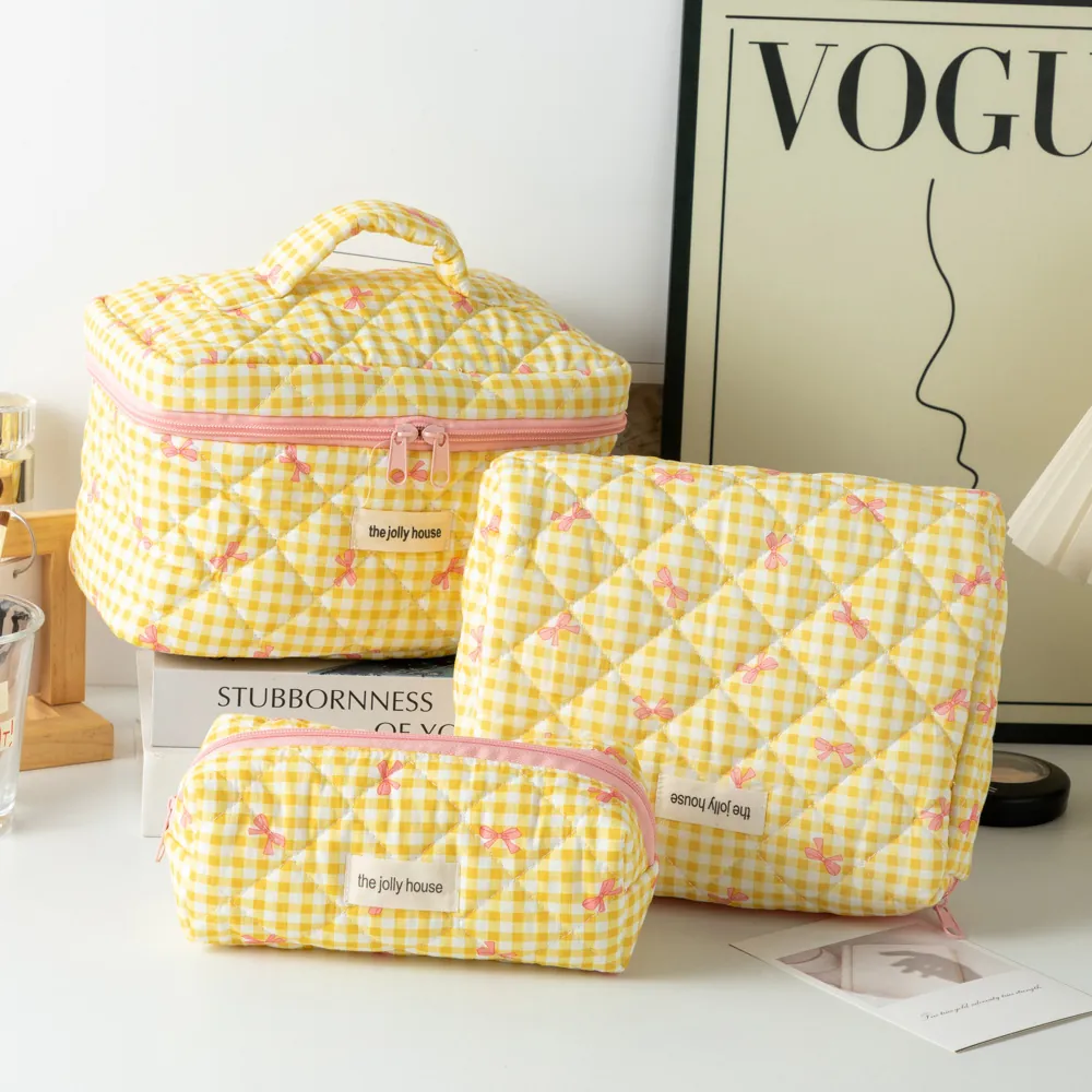Trousse De Toilette En Coton Matelassé À Carreaux Motif Nœud Organisateur De Maquillage De Voyage Portable Pour Femmes