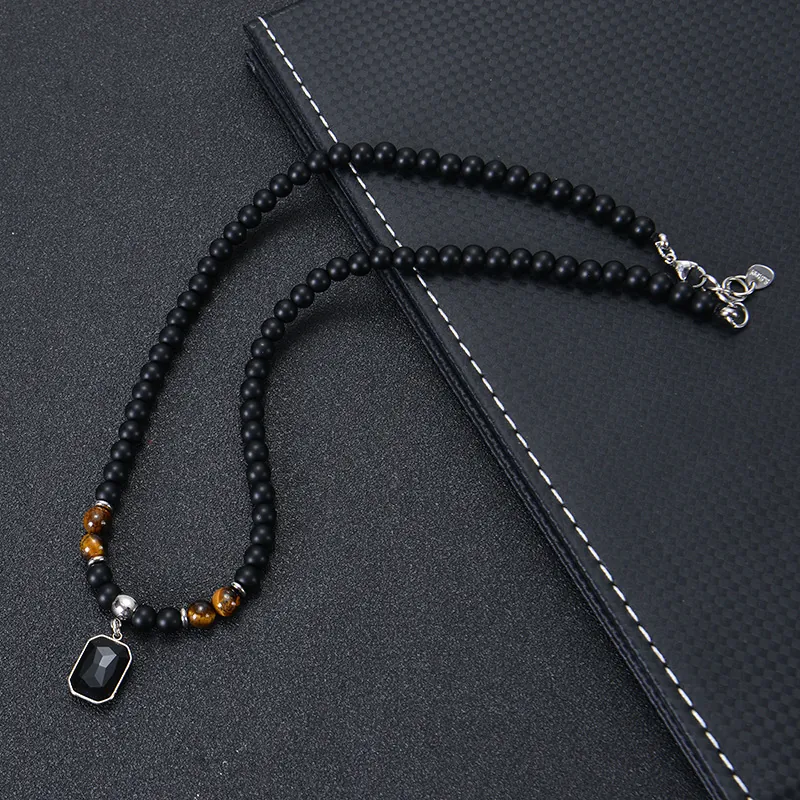 Retro Beaded Necklace Natural Tiger Eye Matte Stone Stainless Steel Rectangle Pendant Hip Hop Jewelry Men Women