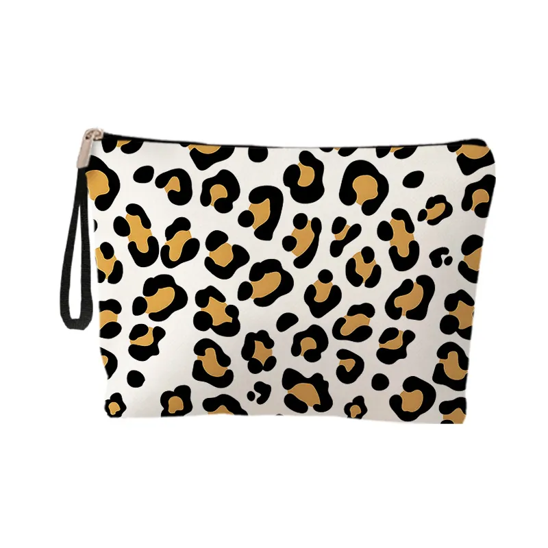 Leopard Print Cosmetic Bag Linen Texture Portable Makeup Pouch Zipper Wrist Strap Travel Toiletry Organizer Fashionable Storage Bag