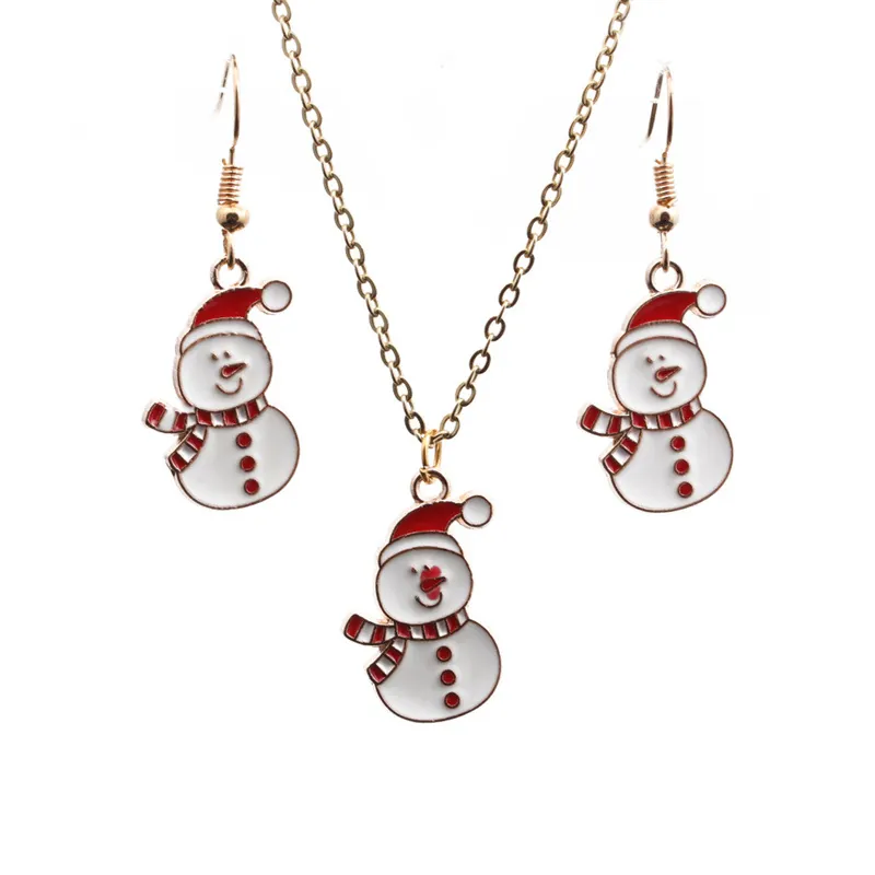 Parure De Bijoux Bonhomme De Neige De Noël Émail Alliage Doré Collier Pendentif Et Boucles D'oreilles Pendantes Cadeau