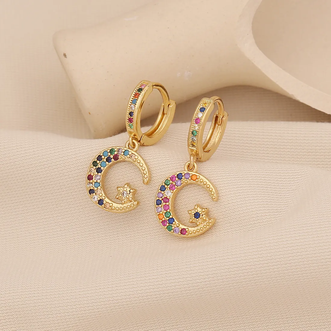 Copper Hoop Earrings Micropave Colorful Cubic Zirconia Star Moon Hamsa Cherry Charms Boho Gold Plated Jewelry For Women