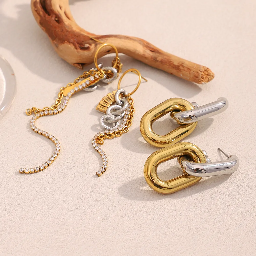 Stainless Steel Earrings 18K Gold Plated Zircon Tassel Hollow Chain Bicolor Retro Geometric Fashion For Women