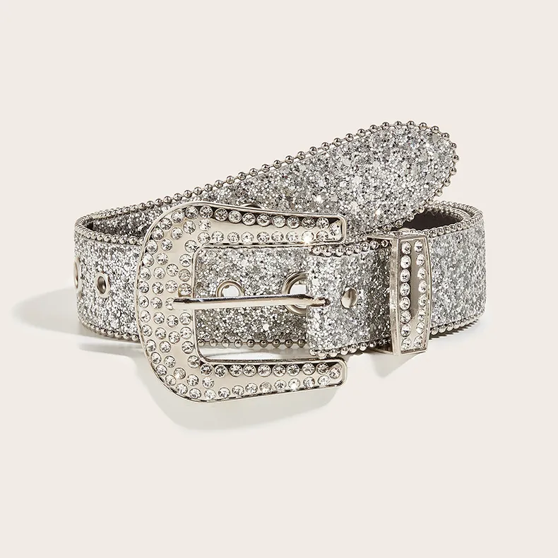 Rhinestone Belt Women Western Y2K Style PU Leather Sparkling Glitter Waistband With Metal Eyelets