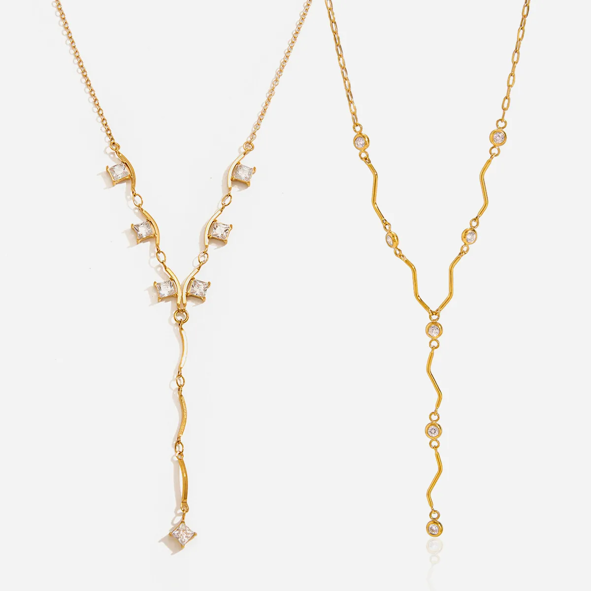 Collier en Y en Acier Inoxydable Plaqué Or 18K Zirconia Vague Barre Géométrique Pendentif Carré Rond pour Femme